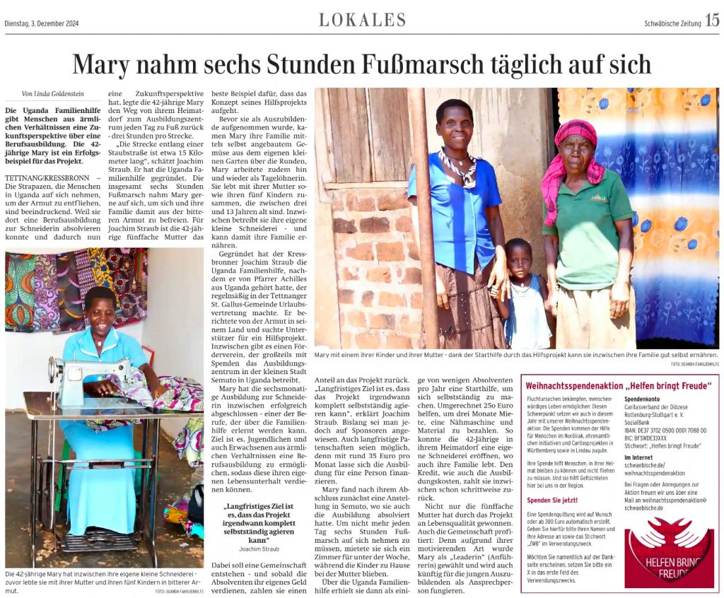 Helfen bringt Freude - Bericht in der Schwäbischen Zeitung